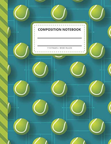 Composition Notebook: Lime Green Tennis Ball Court Pattern on Turquoise / Wide Ruled Notebook Paper for Kids / Large Writing Journal for Homework - ... / Back to School for Boys Girls Children
