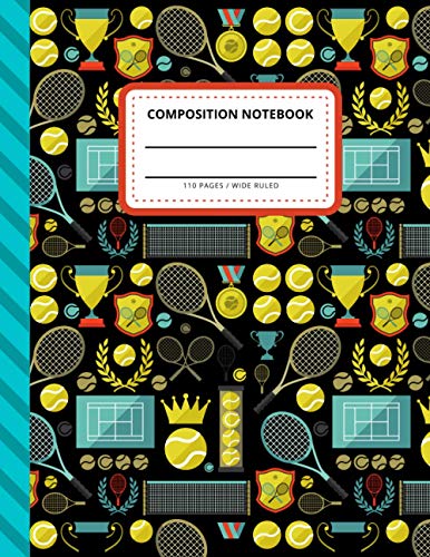 Composition Notebook: Tennis Player Ball Racket Pattern - Green Teal Black Theme / Wide Ruled Notebook Paper for Kids / Large Writing Journal for ... / Back to School for Boys Girls Children