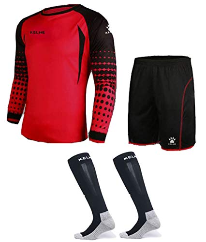 Conjunto de uniforme de portero – Incluye camisa, pantalones cortos y calcetines – Almohadillas de protección en pantalones cortos y camisa – tamaños para niños y adultos - Rojo - X-Small