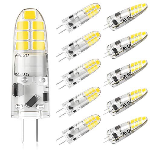 DiCUNO Bombilla LED G4, 2W (equivalente a 20W halógena), 200LM, Blanco frío 6000K, 12V, No regulable, Bombilla pequeña de bajo consumo para campanas/candelabros, Paquete de 10