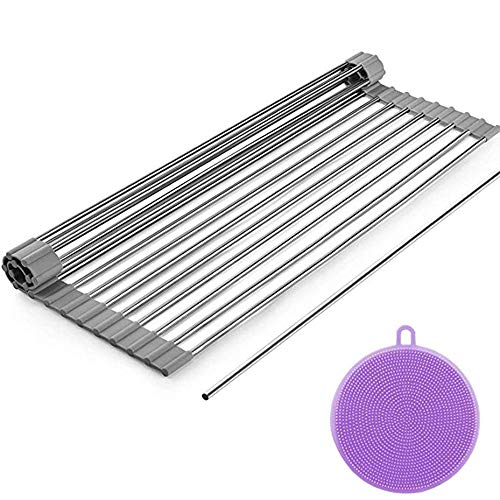 Dish Drying Rack, ZealBea Focus Enrollable Escurreplatos Acero Inoxidable para Fregadero [Silicio Suave de Grado FDA] [Sin BPA] Sobre el Fregadero o Encimera Escurreplatos (Gris, 20.9" x 12.6")