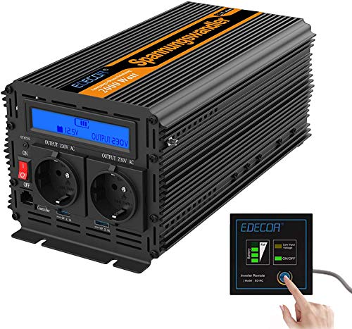 EDECOA Conversor 2000w Inversor 12v 220v 230v 2x USB pantalla LCD y mando a distancia Transformador onda modificada 2000w y pico momentaneo de 4000w inversor para instalacion solar