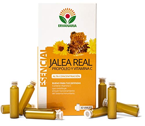 ERVANARIA Jalea Real con Propóleo y vitamina C, 30 Viales, alta concentración, reduce el cansancio y la fatiga, refuerza el sistema inmunológico, potencia tu mente, mejora tu memoria, aporta energía