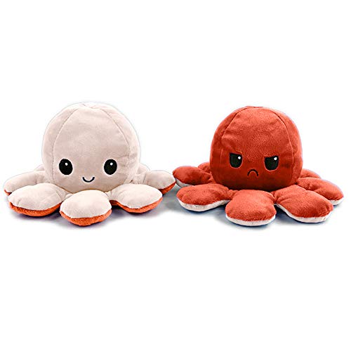 EUROXANTY Peluche Pulpo Reversible | Peluche emociones | Pulpo de Colores | Peluche Blando | 2 Caras | Pulpo Contento | Pulpo enfadado | 20 cm | Carne-Naranja