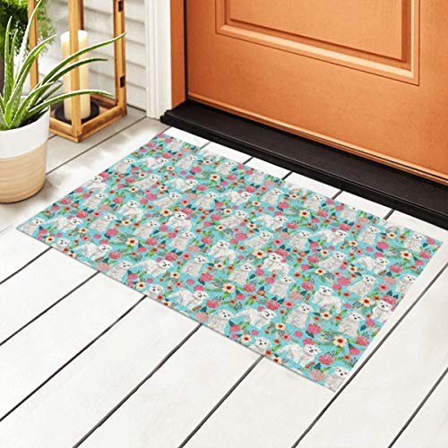 Felpudo de PVC con diseño de flores maltés con diseño de perro maltés con parte trasera antideslizante e impermeable, para puerta exterior, cocina, baño, interior 40 x 60 cm