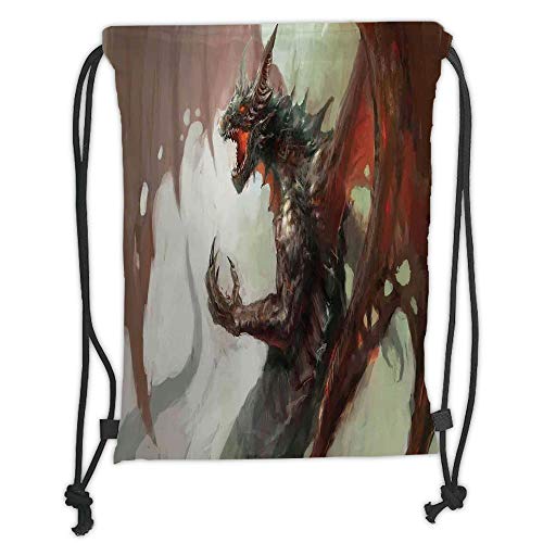 Fevthmii Drawstring Backpacks Bags,Medieval Decor,Ilustration of Mythological Legendary Creature Dragon Imaginary Culture Animal Art Work,Grey Red Soft Satin,5 Liter Capacity,Adjustable Str