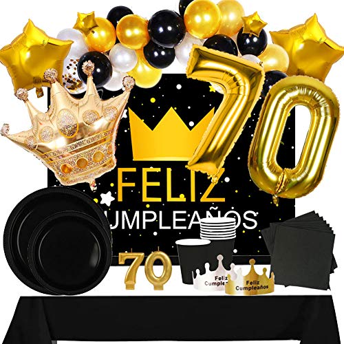 Fiesta Cotigo Accesorio de Decoración Globo Aluminio y Látex, Set de Vajilla desechable, Cartel ´Feliz Cumpleaños´ y Velas Número 70 para Cumpleaños de Adultos, Temática Negra y Dorada, para 70 Años