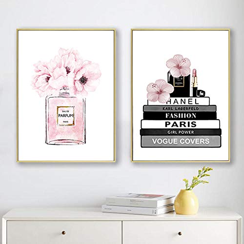 Flor Botella De Perfume Libro De Moda Cuadros Lienzo Maquillaje Poster E Impresión Arte De La Pared Imagen Modernos Chica Mujer Decoración De La Habitación A2 42x60cmx2 Sin Marco