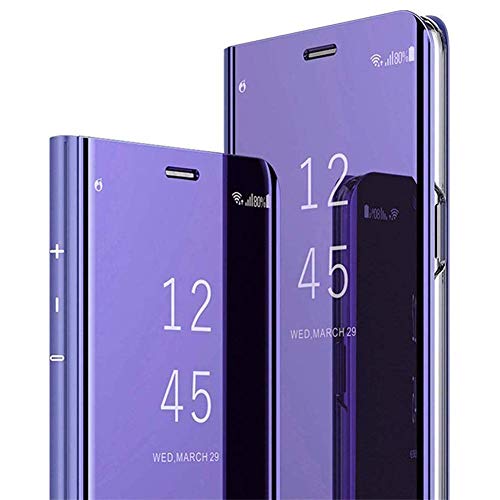 Funda de piel con efecto espejo compatible con Samsung Galaxy Note 8, funda de piel sintética con función atril, con tapa magnética, color morado