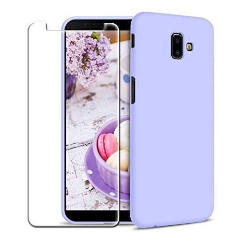 Funda Samsung Galaxy J6 Plus (2018) + Protector de Pantalla de Vidrio Templado, Carcasa Ultra Fino Suave Flexible Silicona Colores del Caramelo Protectora Caso Anti-rasguños Back Case - Morado Claro