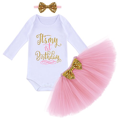 FYMNSI Infantil Bebé Niña Es mi Primer 1er Cumpleaños Estampado Manga Larga Mameluco Romper Body Tutú Falda Bowknot Diadema 3 Piezas Traje Set 1 Año Fiesta Fotografía Vestir Regalo Rosa