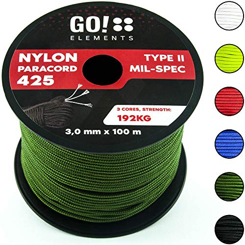 GO!elements 100m Cuerda Paracord de Nylon Resistente al desgarro - 3mm Paracord 425 Tipo II líneas como Cuerda para Exteriores, Cuerda para Todo Uso - línea de Nylon MAX. 192kg, Color:Oliva