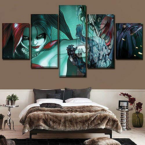 GSDFSD Composición de 5 Cuadros de Madera para Pared - Papel de la película Quinn Asylum Suicide Squad - Cuadros Dormitorios Modernos - Listo para Colgar - 100 * 50 cm