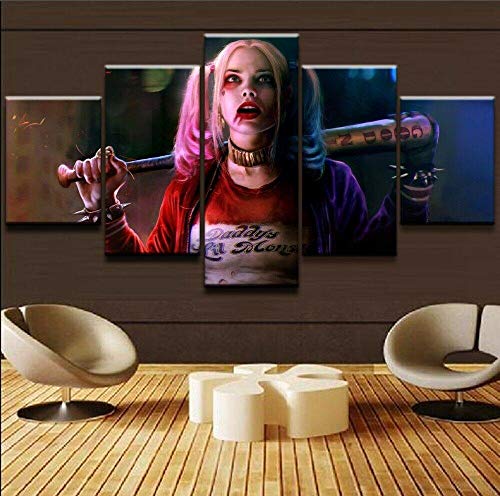 GSDFSD Composición de 5 Cuadros de Madera para Pared - Papel de la película Quinn Asylum Suicide Squad - Cuadros Dormitorios Modernos - Listo para Colgar - 100 * 50 cm