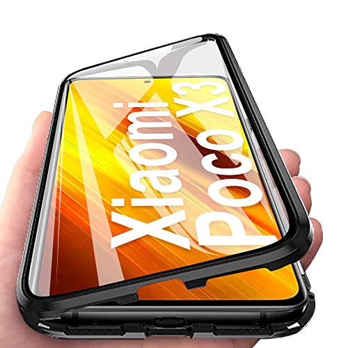 HaptiCase Funda para Xiaomi Mi Poco X3 NFC Magnetica Adsorption Carcasa 360 Grados Frente y Parte Posterior Cuerpo Completo Transparente Vidrio Templado Protección Metal Choque Cover Case - Negro