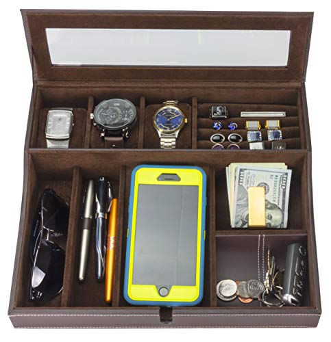 HOUNDSBAY Bandeja con Asistencia Navigator Gran Dresser Hombres con Caja de Reloj Organizador de la joyería y la estación de Carga Inteligente Marron Oscuro