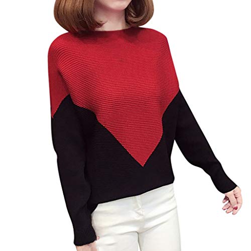 IJKLMNOP Tops de Mujer Jerseys de Mujer Mangas de murciélago Tejidos Bloques de Colores Otoño e Invierno Mujeres (Rojo, Grande)