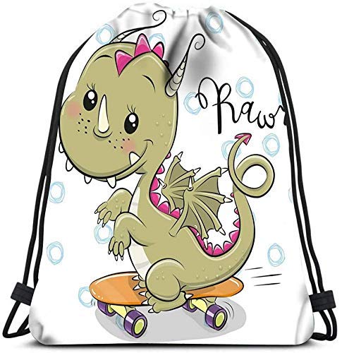 IUBBKI Mochila con cordón, lindo dragón de dibujos animados con monopatín, corredor de yoga, mochila para zapatos