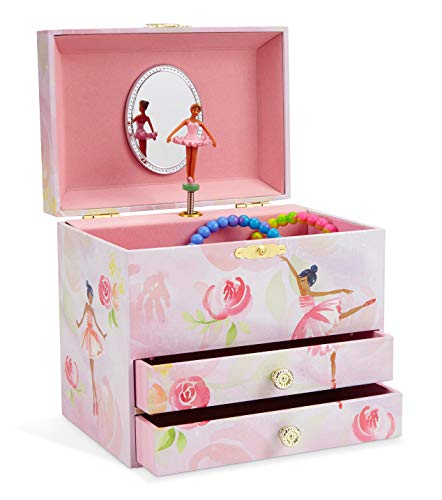 Jewelkeeper - Caja Musical para Joyas para Niñas, con Bailarina Estrella Decorada de Rosas, Equipada de 2 Cajones Extraíbles - Melodía del Lago de los Cisnes