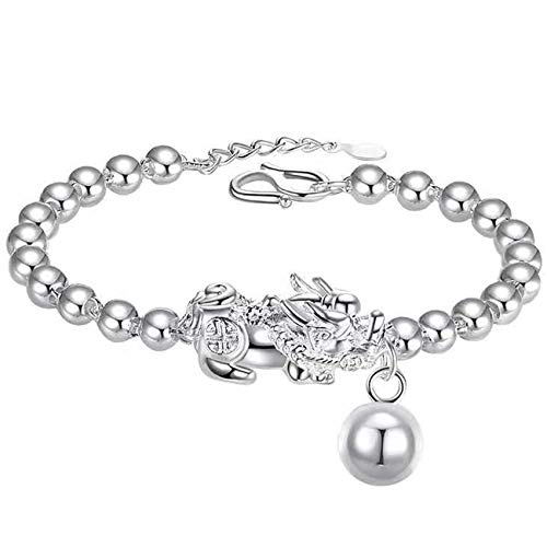 JIACUO Pulsera de Riqueza Natural Pulsera Pixiu Pi Yao en Plata de Ley Pulsera de Cuentas de Plata con Colgante de Cuentas de Transferencia de Plata Amuleto Ajustable Talismán Fuerte con el