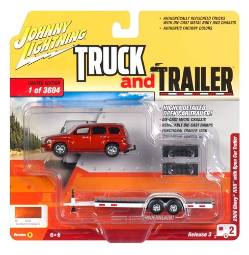 Johnny Lightning 2006 Chevrolet HHR Daytona Metallic Orange with Chrome Open Car Trailer Limited Edition to 3,604 Pieces Worldwide Truck and Trailer Series 3 1/64 Diecast Model Car by