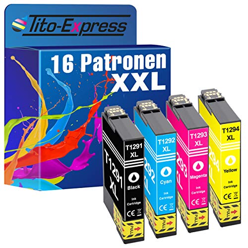 Juego 16 cartuchos de tinta XL con chip y indicador te1291 de te1294 compatible para Epson Stylus Office BX 305 FW Plus, SX 445 W, SX 425 W, BX 305 FW, BX 305 F, SX 230, SX 535 WD, SX 525 WD, SX 620 FW, BX 525 WD, BX 625 FWD, Epson WorkForce WF 7515, WF 7