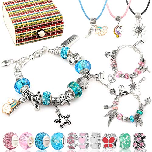 Juego de pulseras para niñas de 6 a 13 años, para hacer pulseras y hacer joyas para niños, con 50 elementos diferentes colgantes, perlas de 3 tamaños, cadena plateada, 3 collares y caja de regalo