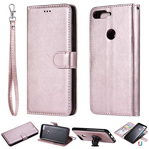JZ [Detachable 2 in 1 Wallet Funda For para Huawei Y7 2018 / Y7 P Rime 2018 / Y7 Pro 2019 / Honor 7C [Fit Car Mount] PU Leather Flip Cover with Wrist Strap - Pink