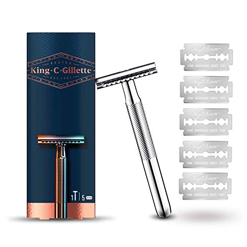 King C. Gillette Máquina de Afeitar de Doble Filo + 5 Cuchillas de Recambio, Regalos Originales para Hombre