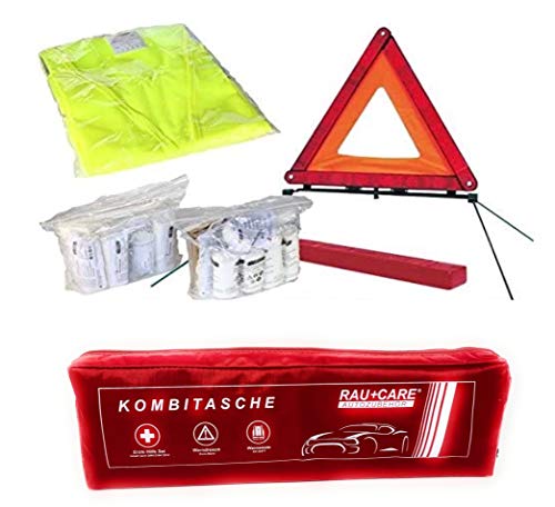 Kit de Primeros Auxilios Rojo, Primeros Auxilios según DIN 13164 + triángulo de Advertencia ECE + Chaleco de Advertencia ES