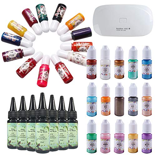 Kit Resina Epoxi Silicona Transparente Curar con UV + 15 Pigmento Líquido Colores Perlados + 13 Pigmento Colores Puros Sólidos + Mini Portátil Lámpara UV, Kit Manualidades Joyería Joyas