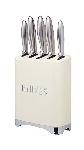 Kitchen Craft Lovello Retro 5-Piece Stainless Steel Set and Knife Block – Vanilla Cream, 19 x 10 x 24.5 cm, 5