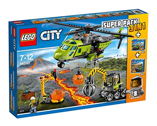 LEGO 66540 Vulcano City - Super Pack 3 en 1 Volcano (60123 Helicóptero de suministros + 60121 Camión de exploración + 60122 Robot de Búsqueda con 8 minifiguras)