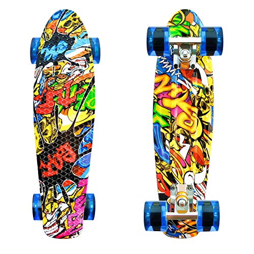 LISOPO Skateboard Monopatin 22’’55cm, Mini Cruiser Retro Crucero 4 PU Ruedas Traslúcidas, Tabla de Plástico Reforzado, ABEC-7 Rodamiento para Principiantes, niños y Adultos, cumpleaños para niños