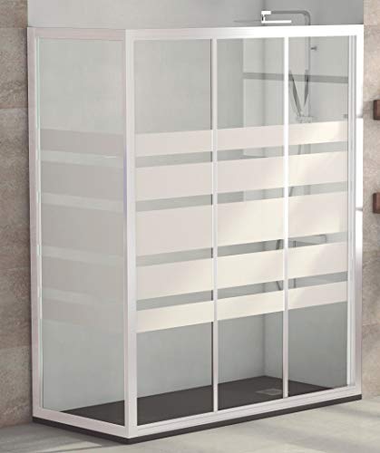 Mampara Frontal Modelo SICILIA.Tres Hojas Correderas con Modulo Fijo, Apertura por ambos lados, Medidas 84-90x185 cm, Cristal 4 mm Decorado Serigrafía, Perfil Aluminio Lacado en Blanco