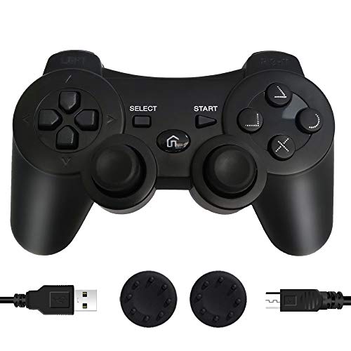 Mando PS3 inalámbrico, PS3 Controller Gamepad Doble Vibración 6-Axis Mando a Distancia Joystick para Playstation 3 con Cable de Carga (Negro)