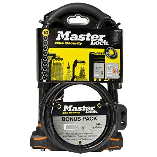 Master Lock 8274EURDPRO Candado Bicicleta U con Cable, Llave, Soporte de Transporte, Antirrobo Certificado, óptimo para Bicicleta Electrica y Montaña, Negro, medium + cable