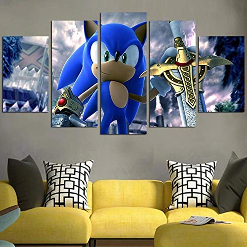 MENGLE Impresiones sobre Lienzo 5 Piezas Cuadros En Lienzo Modernos Dormitorios Murales Pared Lona XXL Grande Hogar Cuadros Decoración Salón 150X80Cm Sonic Y El Caballero Negro Regalo Navidad