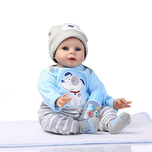 NPKDOLL Renacer La Muñeca De Vinilo Silicona Suave 22 Pulgadas 55 Centímetro Magnética Boca Realista Niño Niña Perro Azul del Juguete Reborn Doll A1ES