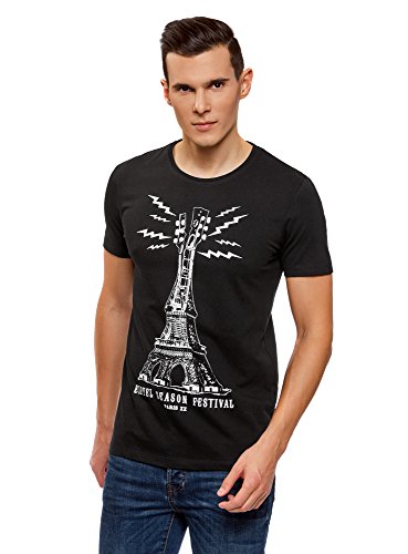 oodji Ultra Hombre Camiseta con Estampado Torre Eiffel, Negro, ES 50 / M