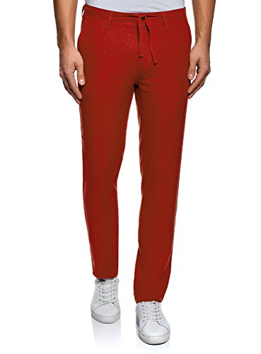 oodji Ultra Hombre Pantalones de Lino con Cordones, Rojo, 46