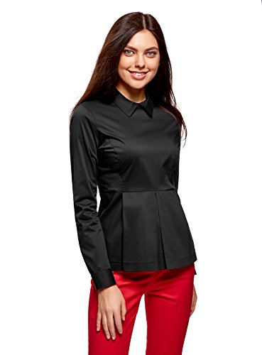 oodji Ultra Mujer Blusa de Algodón con Volante, Negro, ES 34 / XXS