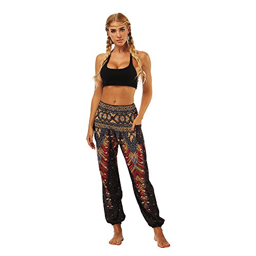 OYABEAUTYE Mujer Harem Hippy Pantaloni Cintura Elástica bonzaai Pantalones (Negro, One Size)