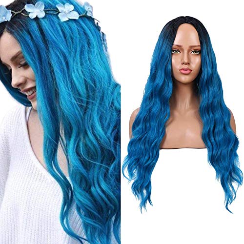 Peluca rubia larga de 28 pulgadas Ombre Peluca rizada ondulada para mujer Peluca de cabello sintético de parte media para Cosplay Fiesta de Halloween Aspecto natural