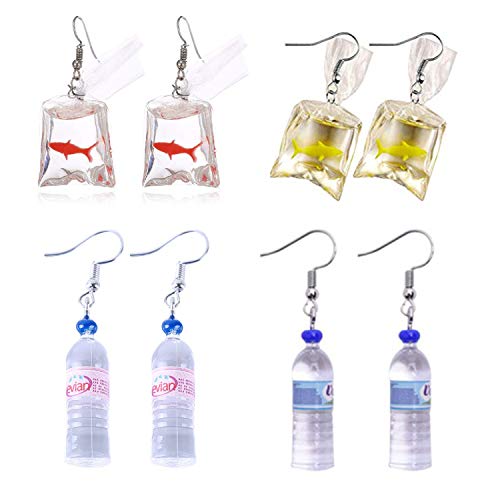 PPX 4 Pares Pendientes,Dibujos Animados Divertidos Goldfish Water Bags Design Charm Resina Pendientes y Pendientes de Botella de agua