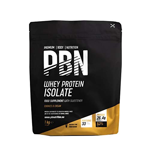 Premium Body Nutrition - Aislado de proteína de suero de leche en polvo (Whey-ISOLATE), 1 kg, sabor cookies & cream (33 porciones)