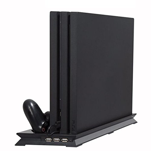 PS4 Pro Ventilador Vertical Stand Estación de acoplamiento de soporte, sistema de refrigeración de almohadilla doble para consola 2 Controlador de remoto Base de carga 3 concentrador de puerto USB