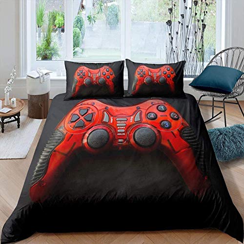 QFAZO Ropa De Cama Infantil Impresión Digital 3D Fondo Negro Creativo Rojo Gamepad Fresco 135X200Cm Microfibra Antialérgica, Ropa De Cama con Funda De Edredón Y Funda De Almohada