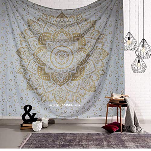 Raajsee - Tapiz de pared indio psicodélico con mandala, de color dorado metalizado y blanco, estilo bohemio y hippie, tamaño grande, hecho de algodón