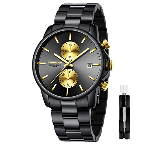 Reloj de Cuarzo con cronógrafo de Acero Inoxidable y Metal, Resistente al Agua, con Fecha automática en manecillas Coloridas (Oro Negro)